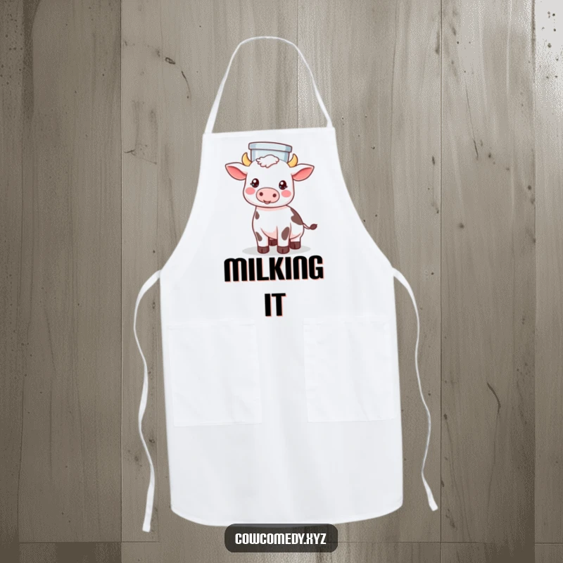 Funny apron showing a Kawaii cow skillfully balancing a milk pail on its head, looking focused and cheerful in the kitchen.