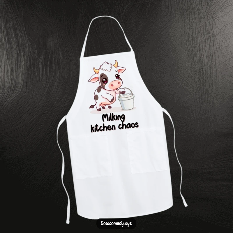 Funny apron showcasing a cow comically attempting to balance a milk bucket, perfect for a humorous cook or baker.