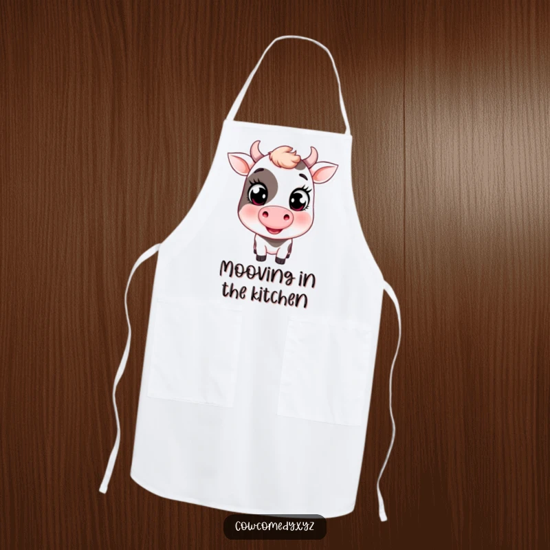 Funny apron featuring a smiling cow with big, expressive eyes and a friendly wink, ready for kitchen duty.