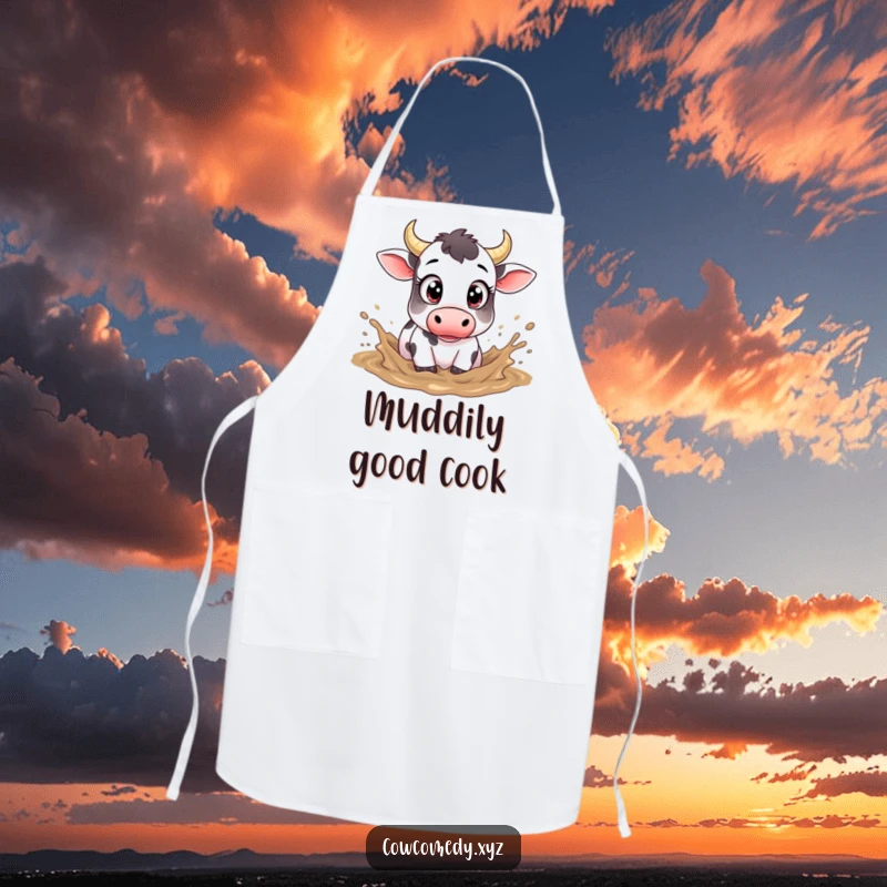 Funny apron with a cow featuring large eyes, playfully splashing in mud.