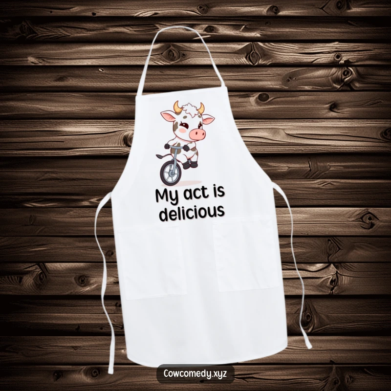 Funny apron with a mischievous cow winking while riding a unicycle, making cooking a humorous task.