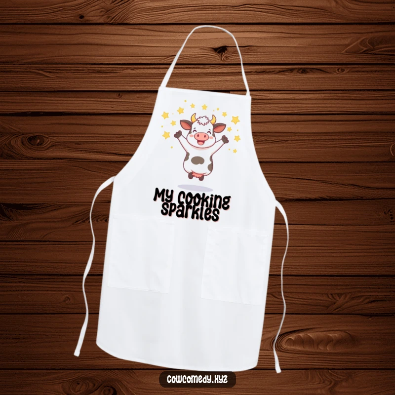 Funny apron showing a cow jumping joyfully with a shower of stars, perfect for a festive kitchen.