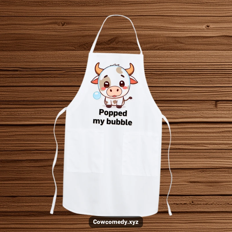 Funny Kawaii Cow Apron featuring a cute cartoon cow with a surprised expression watching a floating bubble, great for kitchens.