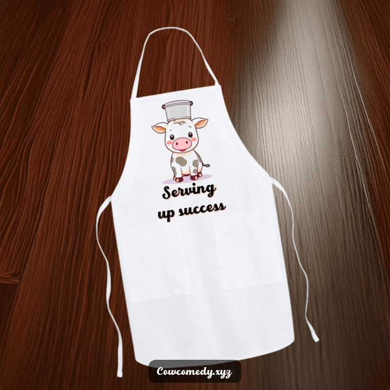Funny Kawaii cow balancing a milk pail on its head, on a charming kitchen apron, for cooks.