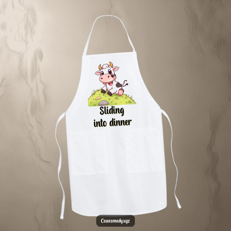Funny Apron: A happy cow sliding down a grassy hill with wide, delighted eyes, perfect for cooks who love cheerful kitchen themes.