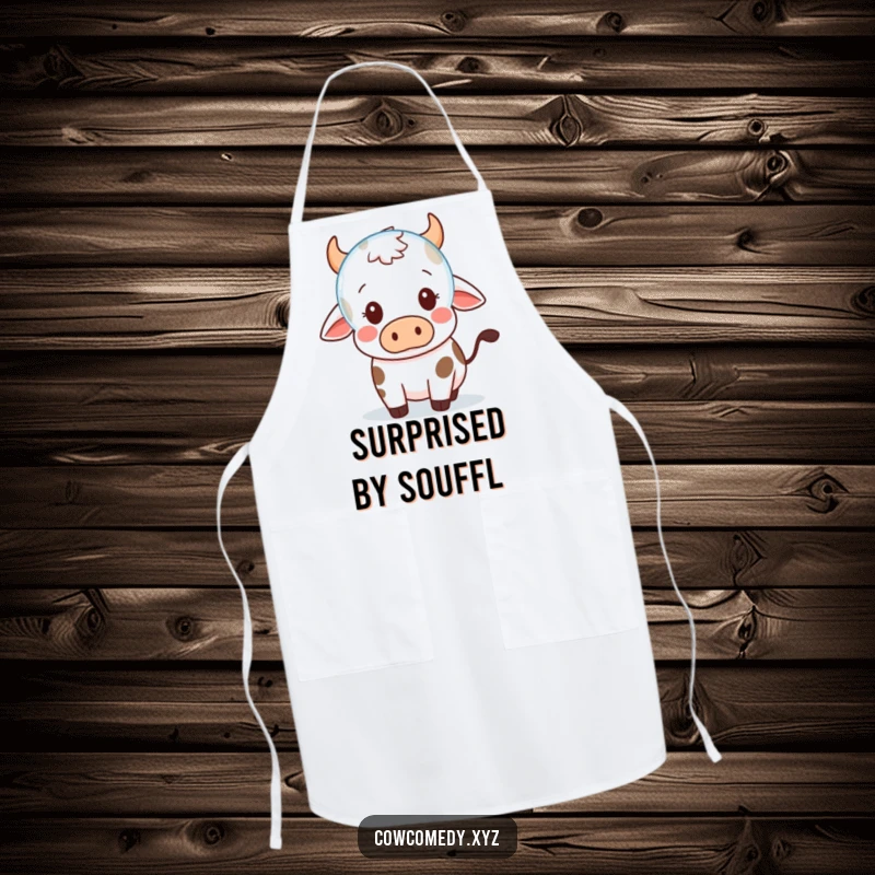 Funny Apron: A Kawaii cow shows cute surprise at a floating bubble, adding humor to your culinary creations.
