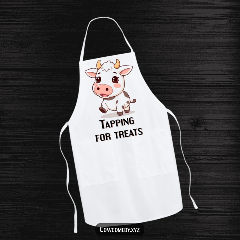 Funny apron showing a kawaii cow character with hooves tapping an excited rhythm, perfect for adding a fun, energetic vibe to cooking.