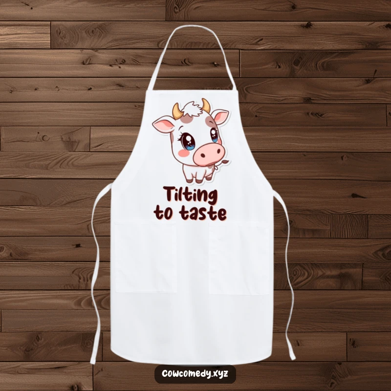 Funny Kawaii Cow Apron: Cute cow with sparkly eyes tilting head while cooking, a humorous kitchen accessory.
