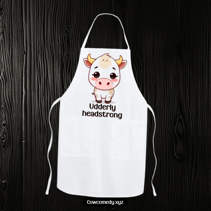 Funny kawaii cow apron showing a cute bovine character in a funny, energetic headbutt pose while cooking, adding humor to the kitchen.