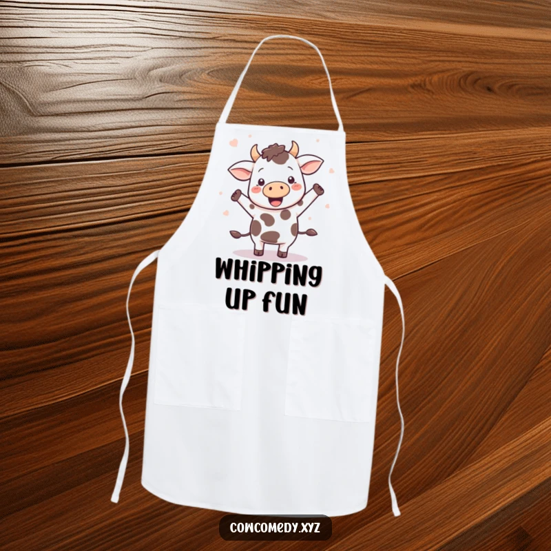 Funny Kawaii cow dancing with joy, spots flying, on a stylish kitchen apron, fun for cooks.