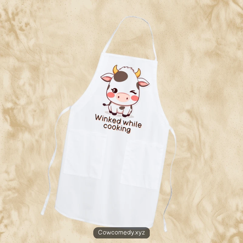 Funny apron featuring a blushing kawaii cow character giving a playful wink, adding a cute and charming touch to kitchen tasks.