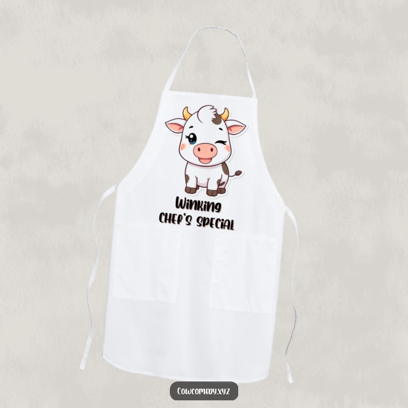 Funny Kawaii Cow Apron: A playful apron with a winking Kawaii cow, making cooking or baking a more humorous and enjoyable experience.