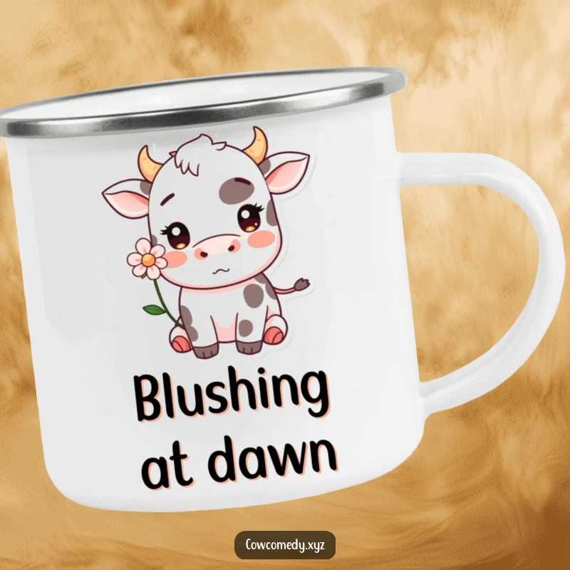 Funny Kawaii cow blushing with a flower camping mug, perfect for sweet outdoor mornings.