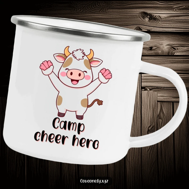 Funny Kawaii Cow Camping Mug showing a cute cartoon cow cheering with tiny pom-poms, perfect for outdoor enthusiasm.