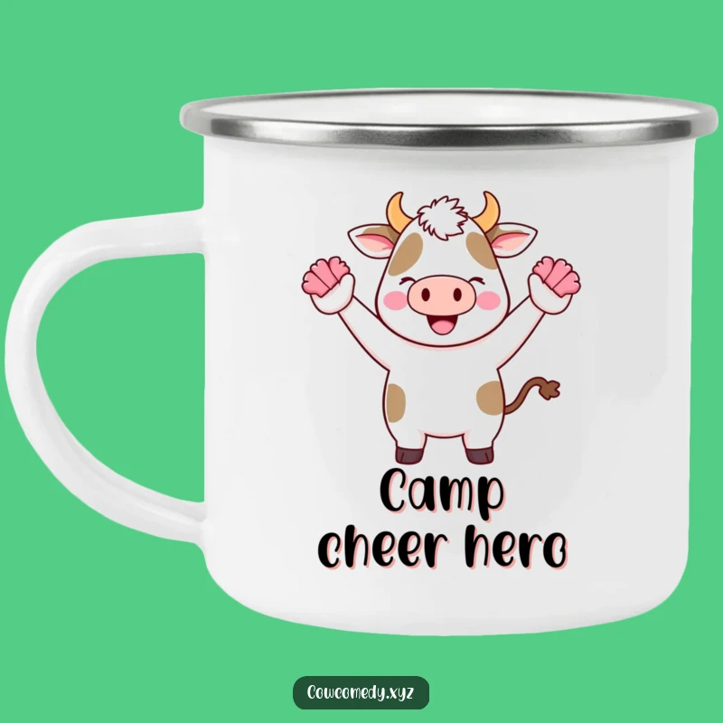 Funny Kawaii Cow Cheer Camping Mug: Energetic Outdoor Fun