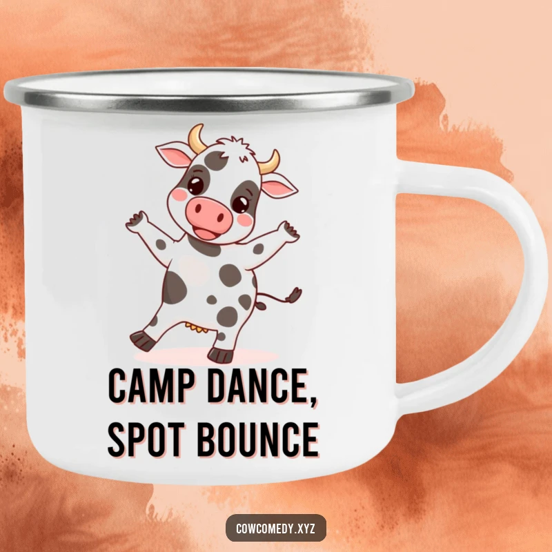 Funny camping mug with a happy cow doing a silly dance, its spots bouncing rhythmically, perfect for outdoor fun.