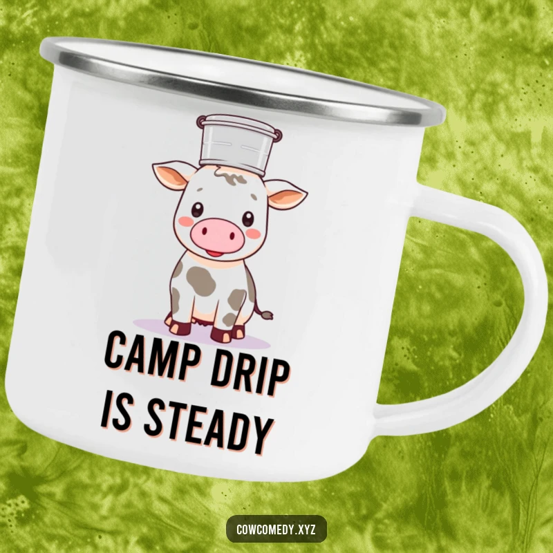 Funny Kawaii cow balancing a milk pail on its head, on a rustic camping mug, for outdoor fun.