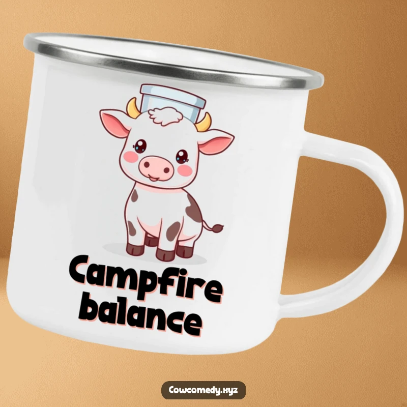 Funny camping mug showing a Kawaii cow balancing a milk pail on its head with impressive skill during outdoor adventures.