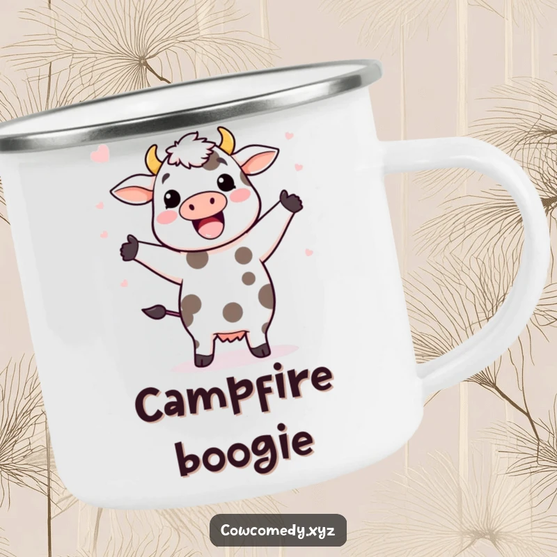 Funny camping mug showing a Kawaii cow in a happy dance, with spots flying off in a fun, energetic motion outdoors.