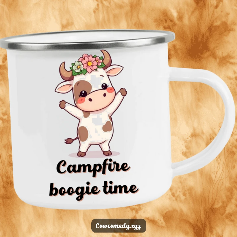 Funny cow wearing a flower crown, doing a silly dance, on a camping mug, for humorous outdoor enjoyment.