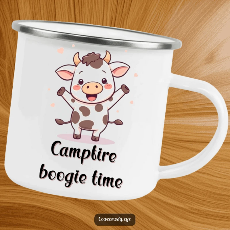 Funny Kawaii cow dancing energetically, spots flying, on a rugged camping mug, for outdoor fun.