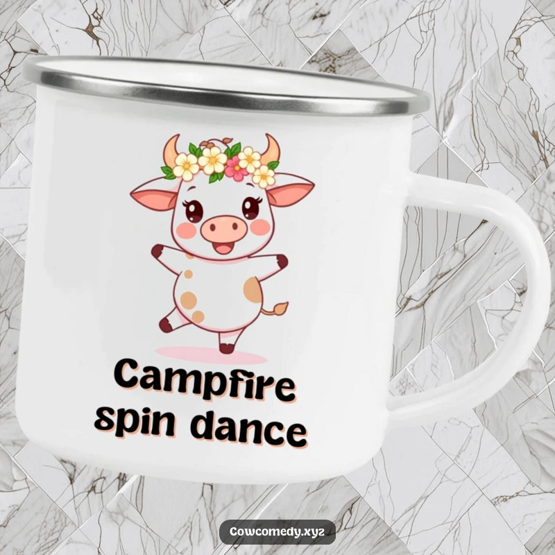 Funny Kawaii Cow Camping Mug: Durable cup with a cow in a flower crown spinning, perfect for festive outdoor humor.