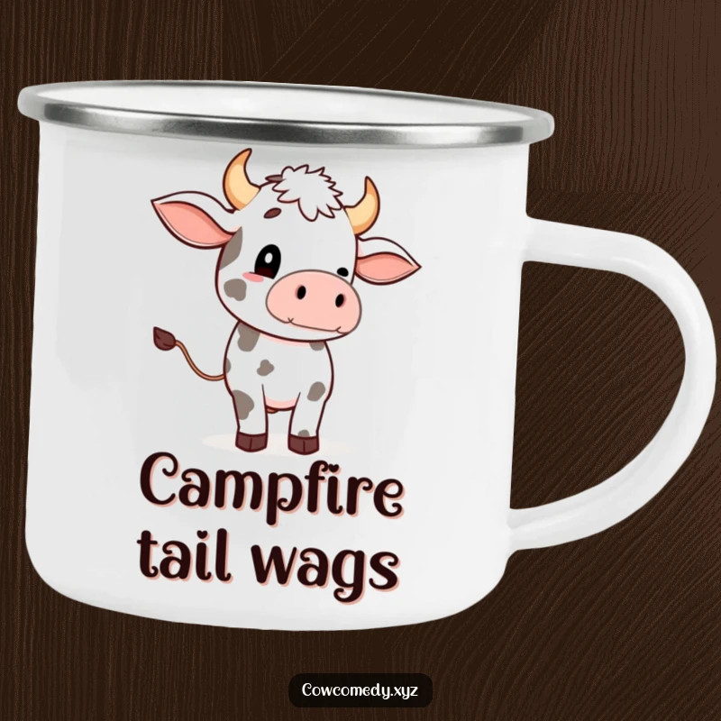 Funny camping mug featuring a sturdy design and a happy cow enthusiastically waving its tail in nature.
