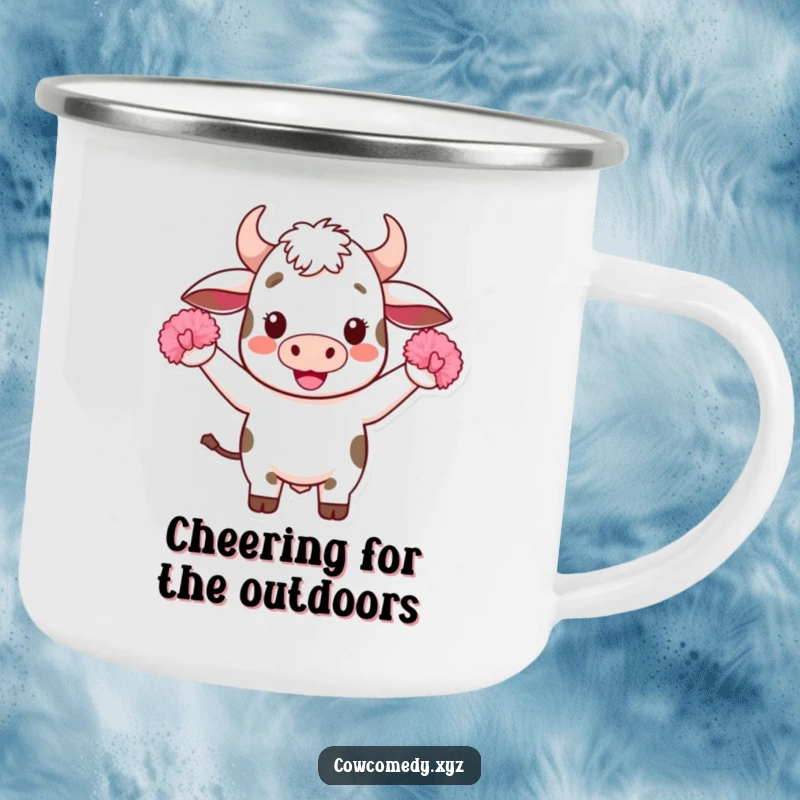 Funny Kawaii Cow Camping Mug: Durable enamel mug with a cheering Kawaii cow design and pom-poms, perfect for outdoor drinks and good vibes.