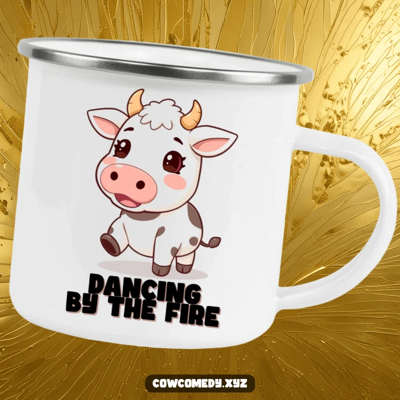 Funny camping mug with a kawaii cow character energetically tapping its hooves, perfect for adding a rhythmic vibe to outdoor trips.