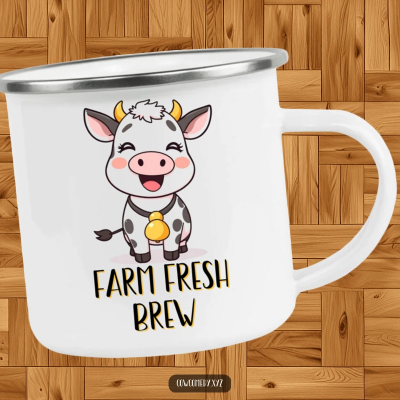 Funny cow with a bell around its neck wiggles joyfully, ready for adventure on this sturdy camping mug.