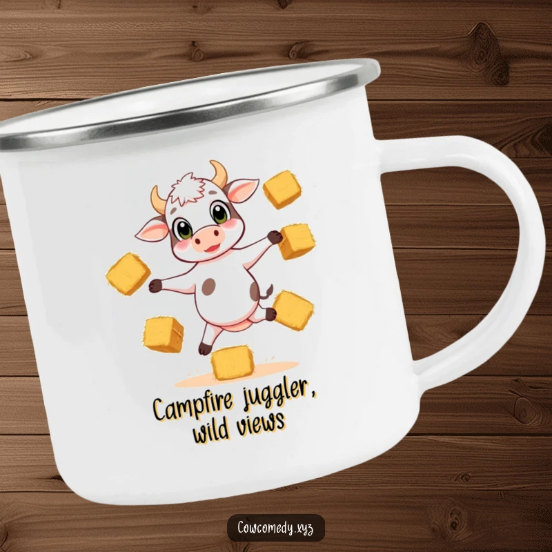 Funny camping mug with a playful calf balancing on three legs, juggling hay bales, perfect for outdoor fun.