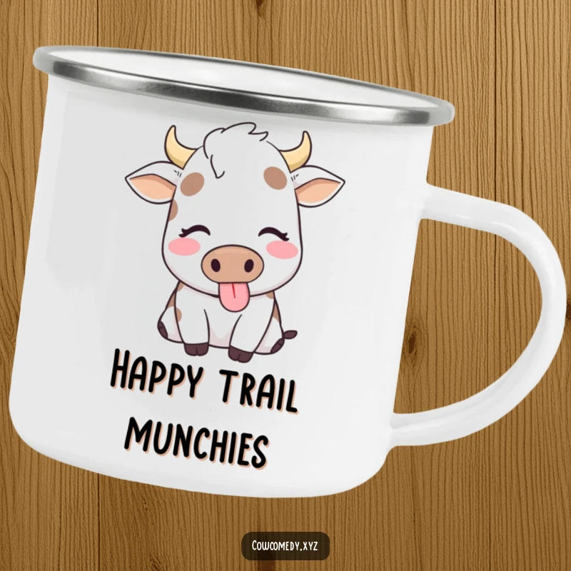 Funny camping mug featuring a content cow with eyes closed, happily chewing, ideal for peaceful outdoor enjoyment.