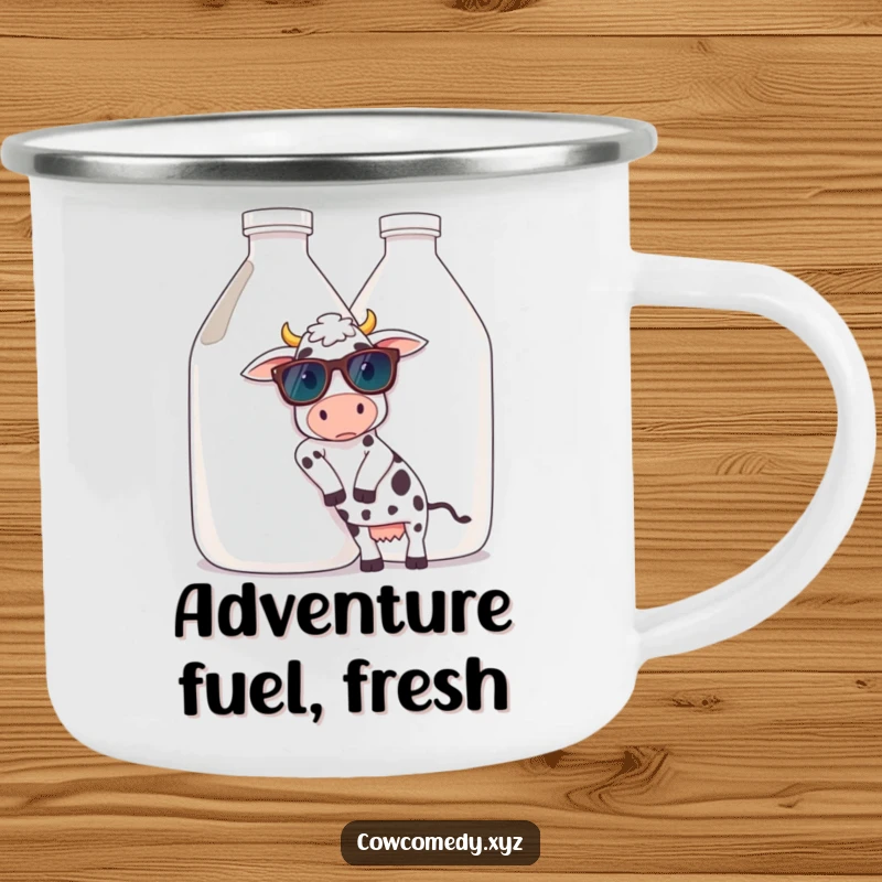 Funny camping mug featuring a cow in sunglasses leaning on a giant milk jug, ready for outdoor adventures with a cool, relaxed vibe.