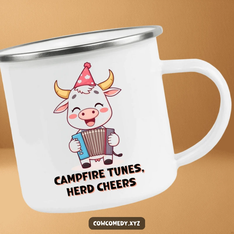 Funny camping mug with a cheerful cow wearing a party hat, playing a tiny accordion, perfect for outdoor festivities.