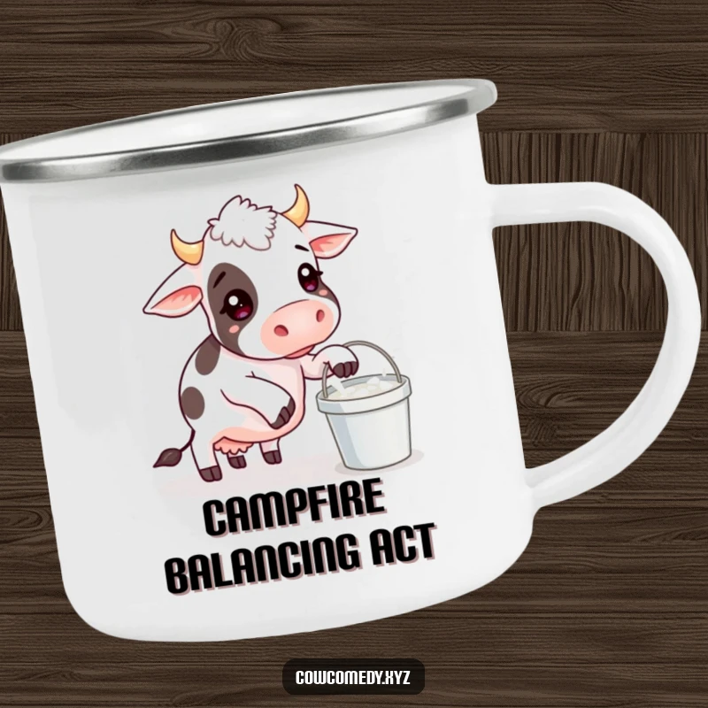 Funny camping mug showing a cow comically trying to balance a milk bucket, ideal for outdoor adventures with humor.