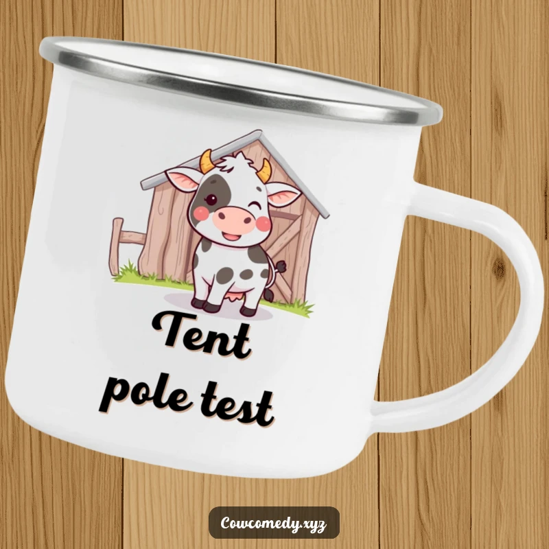 Funny camping mug showing a cow playfully bumping its head against a barn, ideal for cheerful outdoor trips.