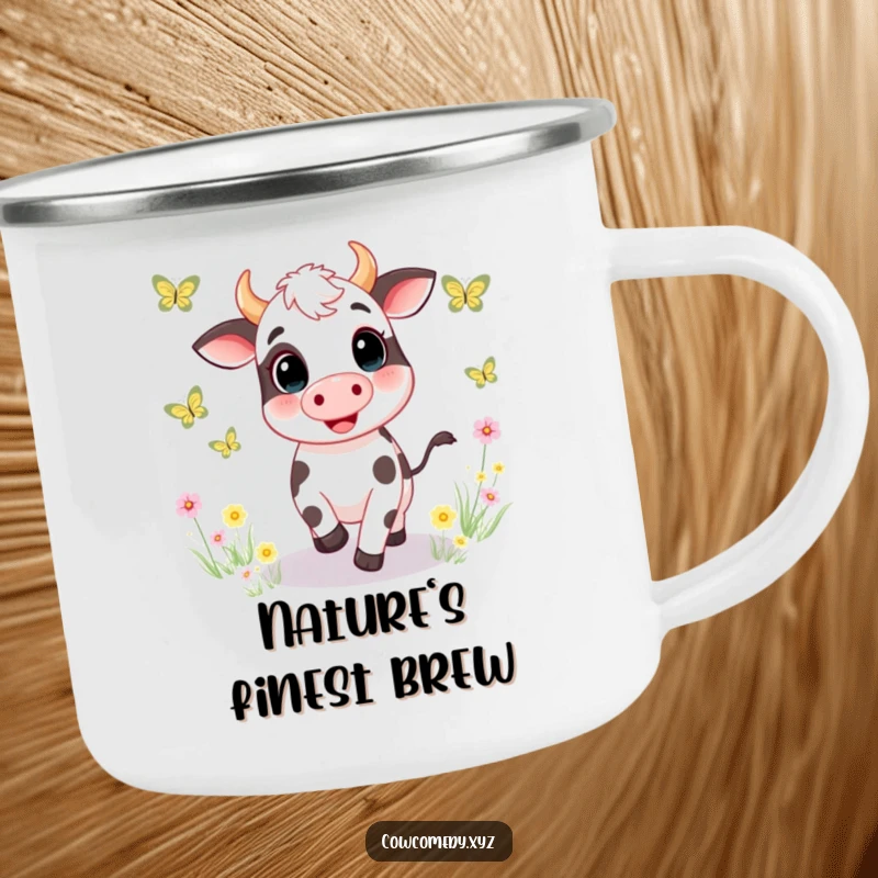 Funny camping mug showcasing a happy cow bounding through a meadow, chasing butterflies, built for adventure and happy outdoor sipping.