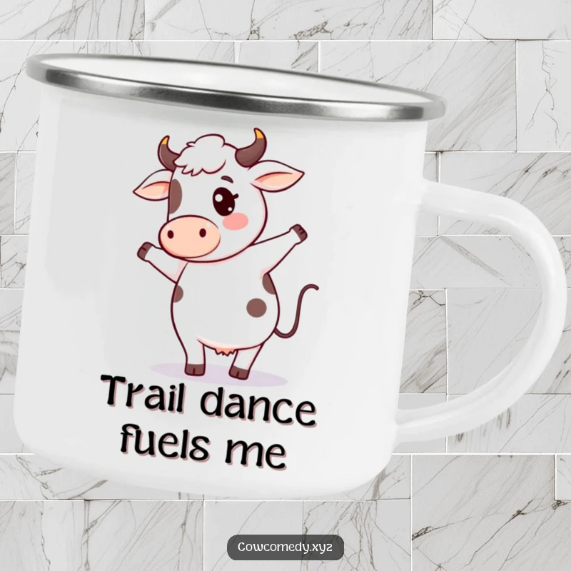 Funny cow dance camping mug showcasing a cute kawaii cow character performing a silly dance, great for outdoor laughs.