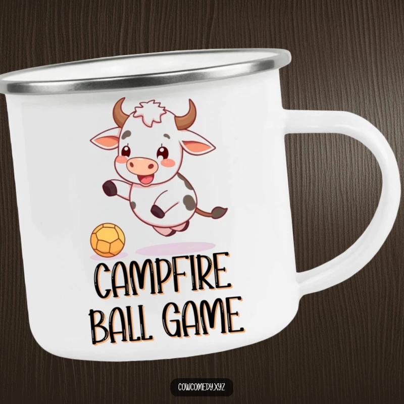 Funny camping mug with a durable design featuring a happy cow gleefully kicking a small ball.