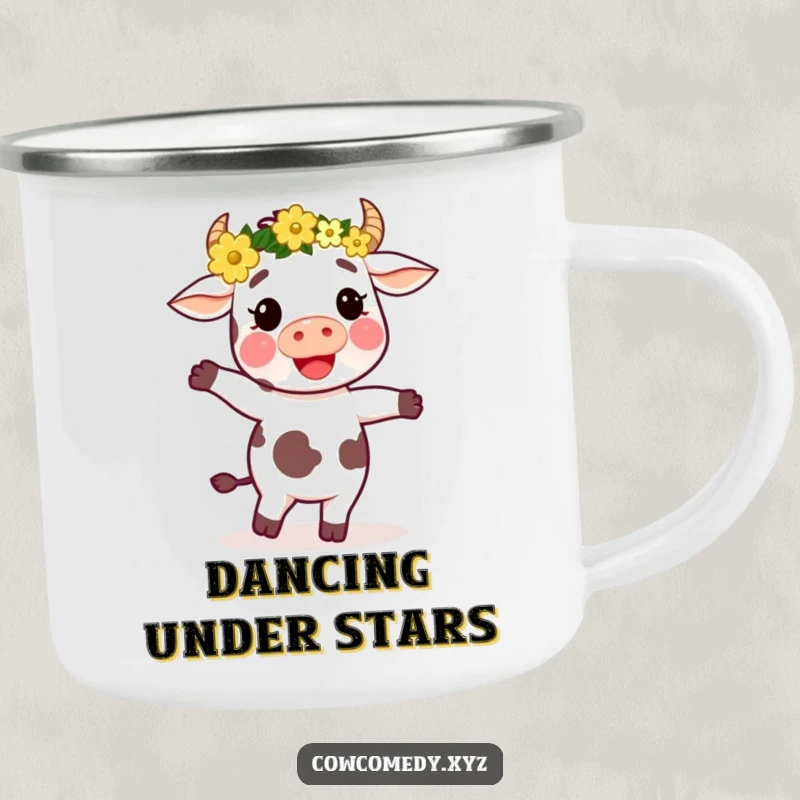 Funny camping mug featuring a cow with a flower crown, dancing joyfully, perfect for outdoor enthusiasts who appreciate whimsical art.