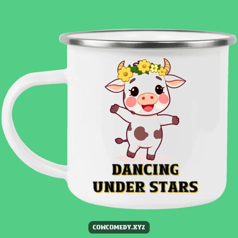 Funny Dancing Cow Flower Crown Camping Mug: Adventure & Joy