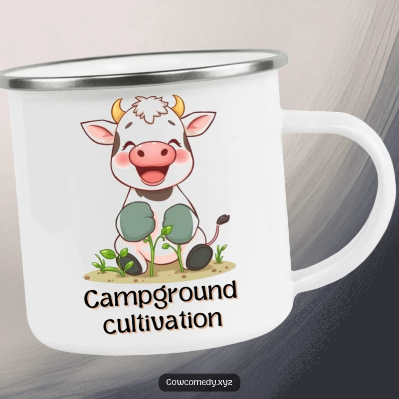 Funny camping mug with a giggling cow in gardening gloves tending a tiny sprout, perfect for outdoor garden enthusiasts.