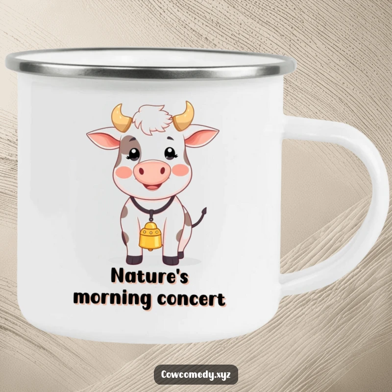 Funny camping mug showing a happy cow with a bell, singing merrily, perfect for outdoor enthusiasts who enjoy a touch of humor.