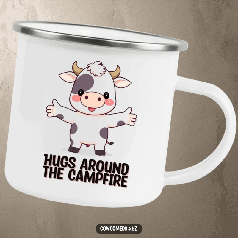 Funny camping mug with a cute cow character extending its arms for a hug, perfect for outdoor enthusiasts seeking warmth.