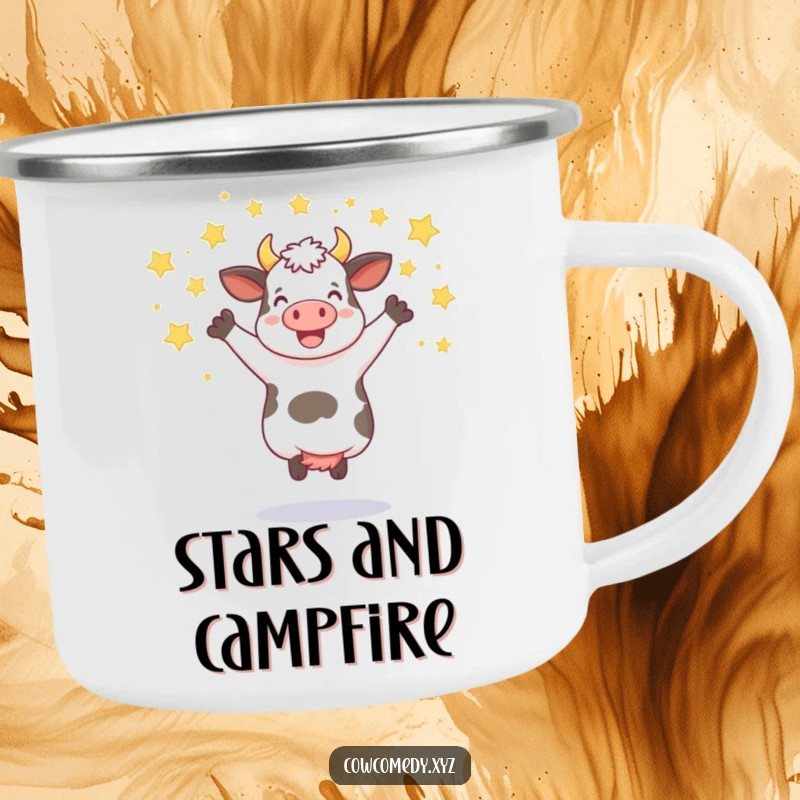 Funny camping mug featuring a cow jumping joyfully with a shower of stars, great for outdoor adventures.