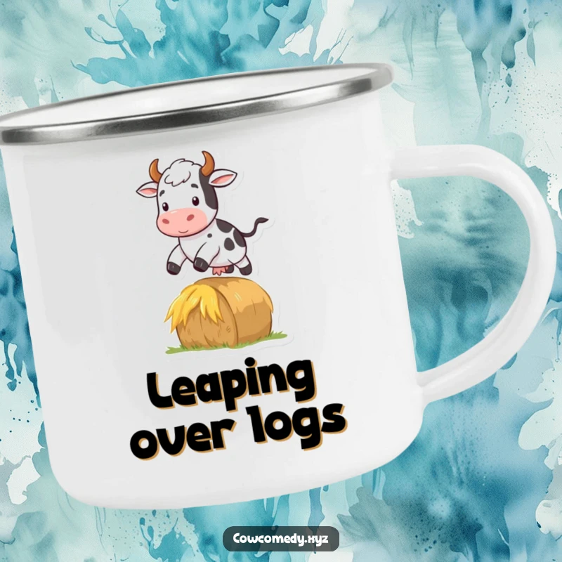 Funny camping mug featuring a cow jumping over a hay bale, ideal for farm-themed outdoor activities and energy.