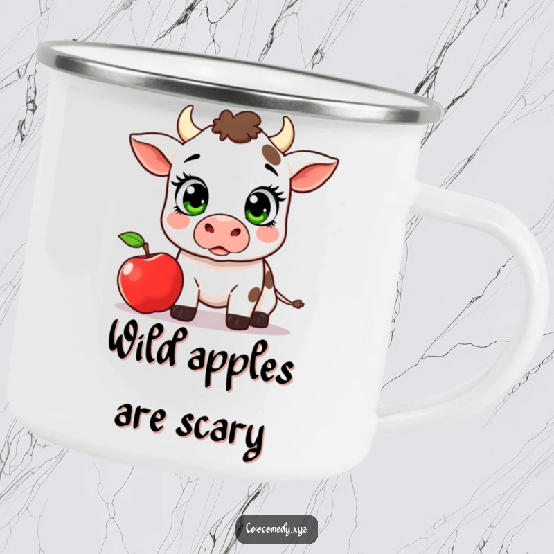 Funny Kawaii Cow Camping Mug, a surprised cow with wide eyes and an apple, humorous outdoor gear.