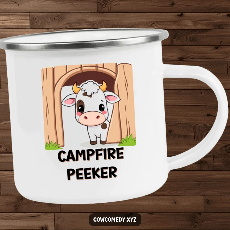 Funny Kawaii Cow Camping Mug showing a cute cartoon cow peeking playfully from behind a barn door, perfect for outdoor fun.