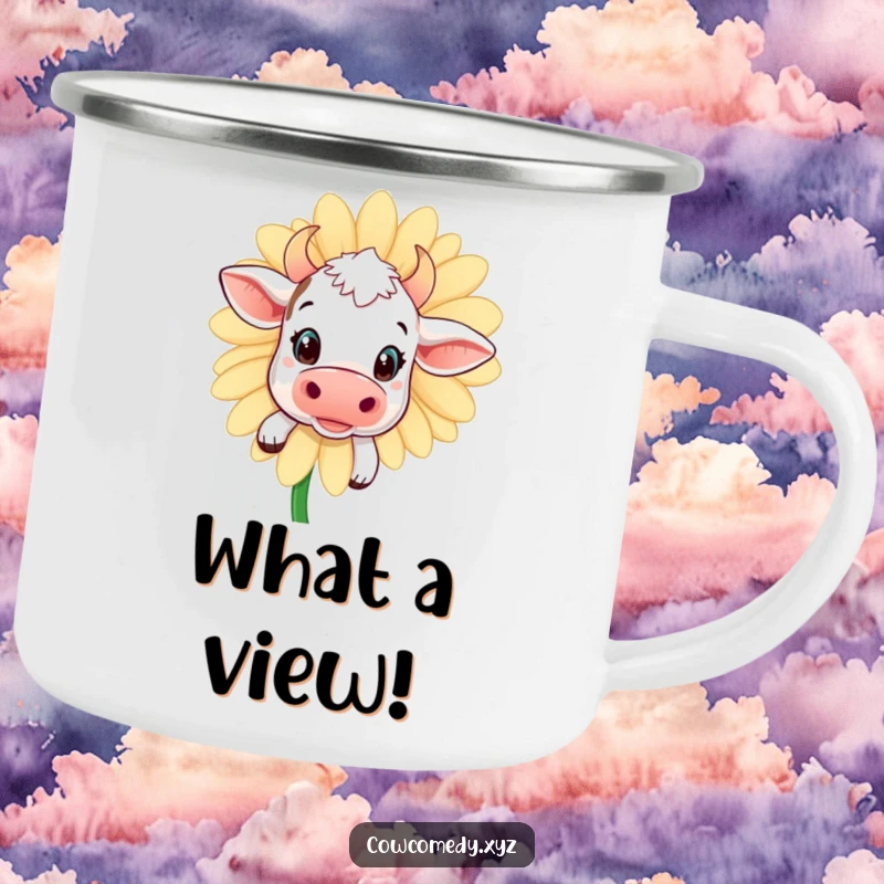 Funny kawaii cow camping mug, showing a cow peeking from behind a daisy, durable and cheerful for outdoor use.