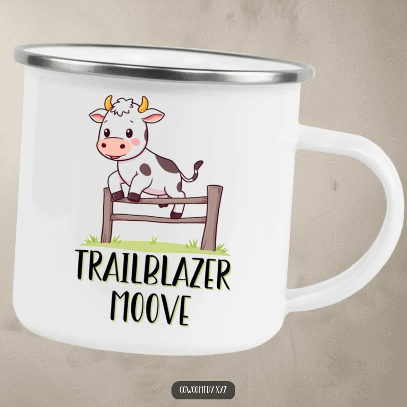 Funny Kawaii cow camping mug showing a cute character joyfully jumping over a tiny fence, perfect for humorous outdoor enthusiasts.